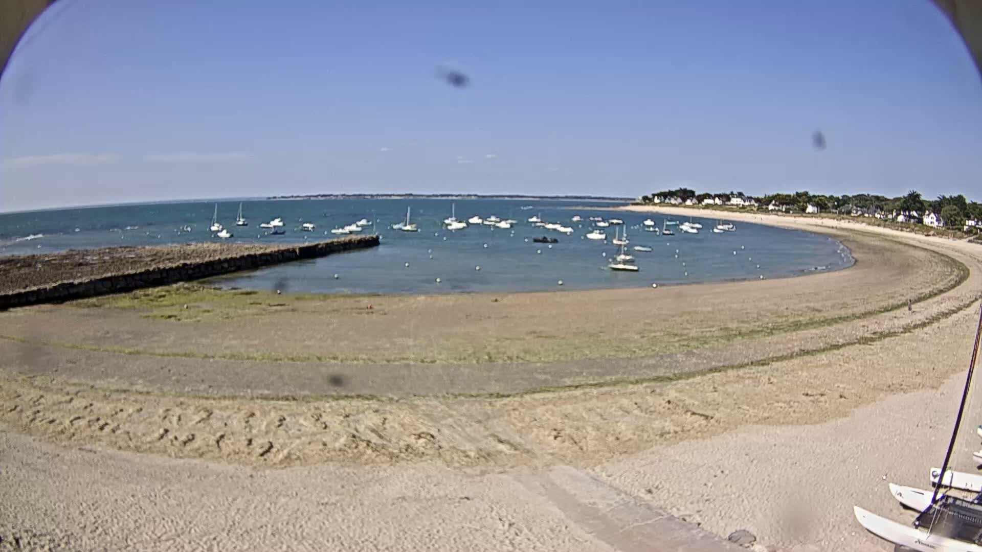 A sandy beach curves around a calm bay dotted with numerous small sailboats under a clear blue sky.