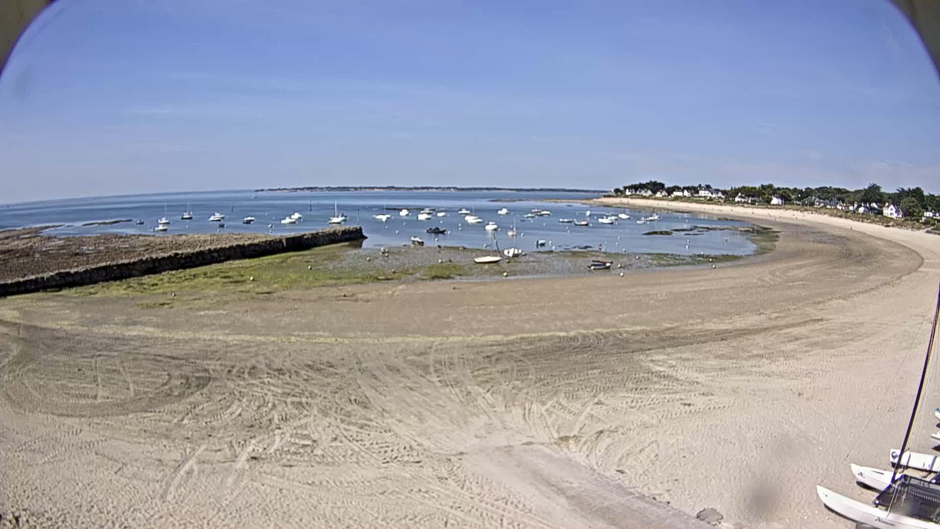 A sandy beach curves around a calm bay filled with numerous small boats under a clear blue sky.