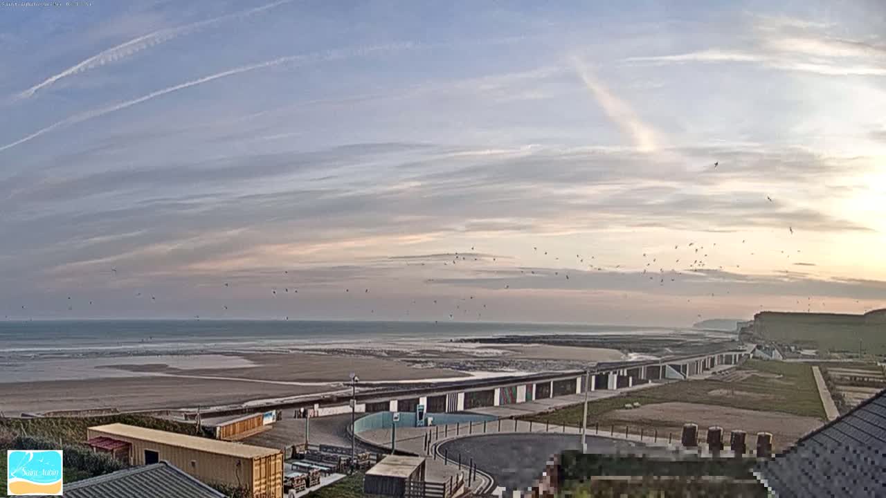 A wide expanse of beach and ocean is visible under a mostly cloudy sky with a few birds flying overhead.