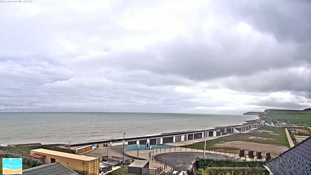 A mostly cloudy day overlooks a calm sea with a long shoreline featuring buildings and a grassy area, culminating in a cliffside in the distance.