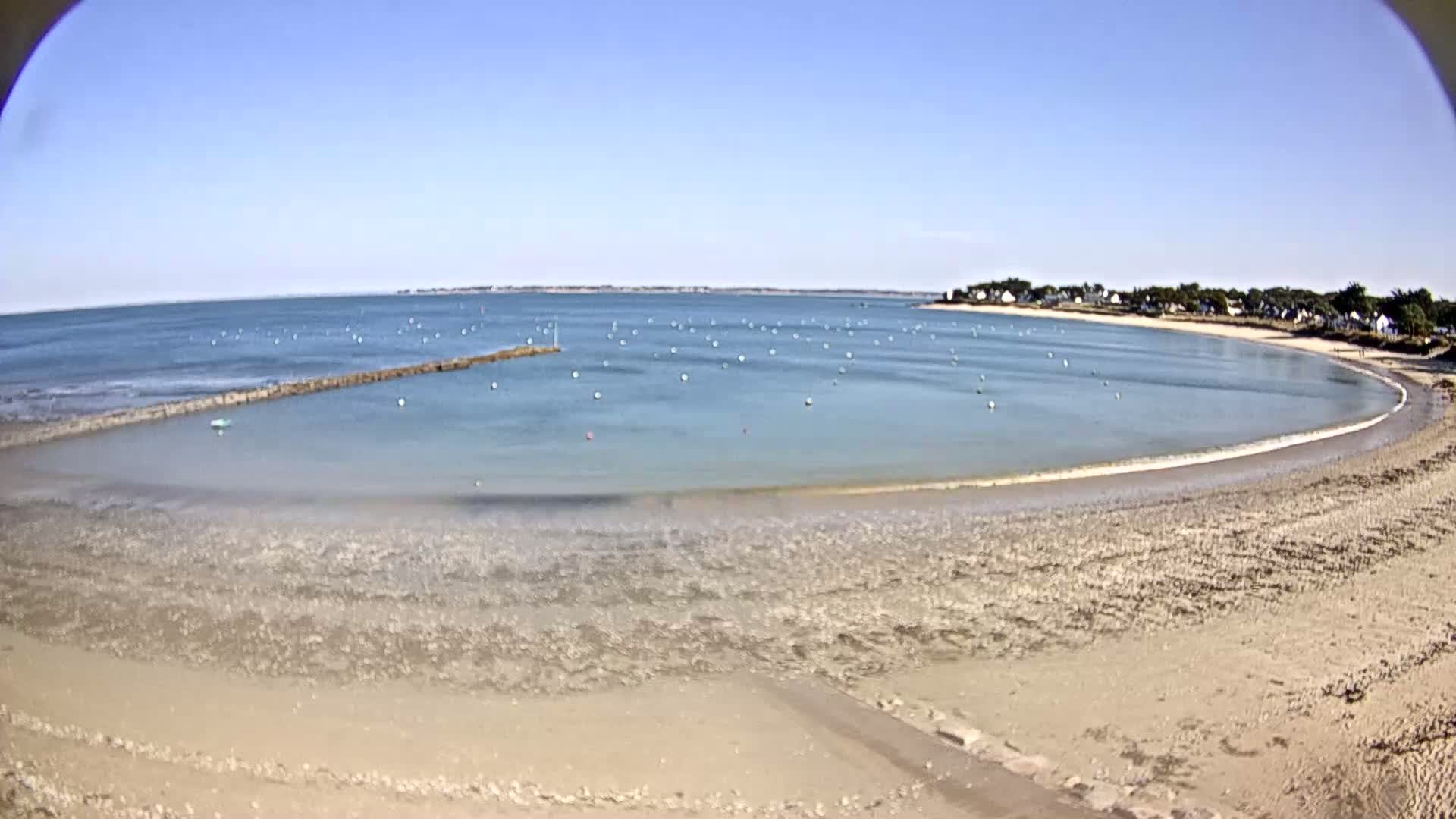 A sandy beach curves around a calm, light-blue bay dotted with white buoys under a clear blue sky.