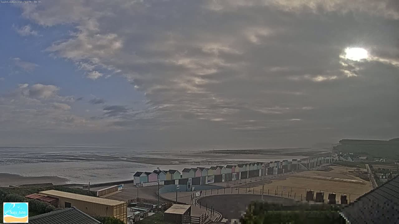 A row of colorful beach huts lines a shoreline under a partly cloudy sky, with the sun partially visible.
