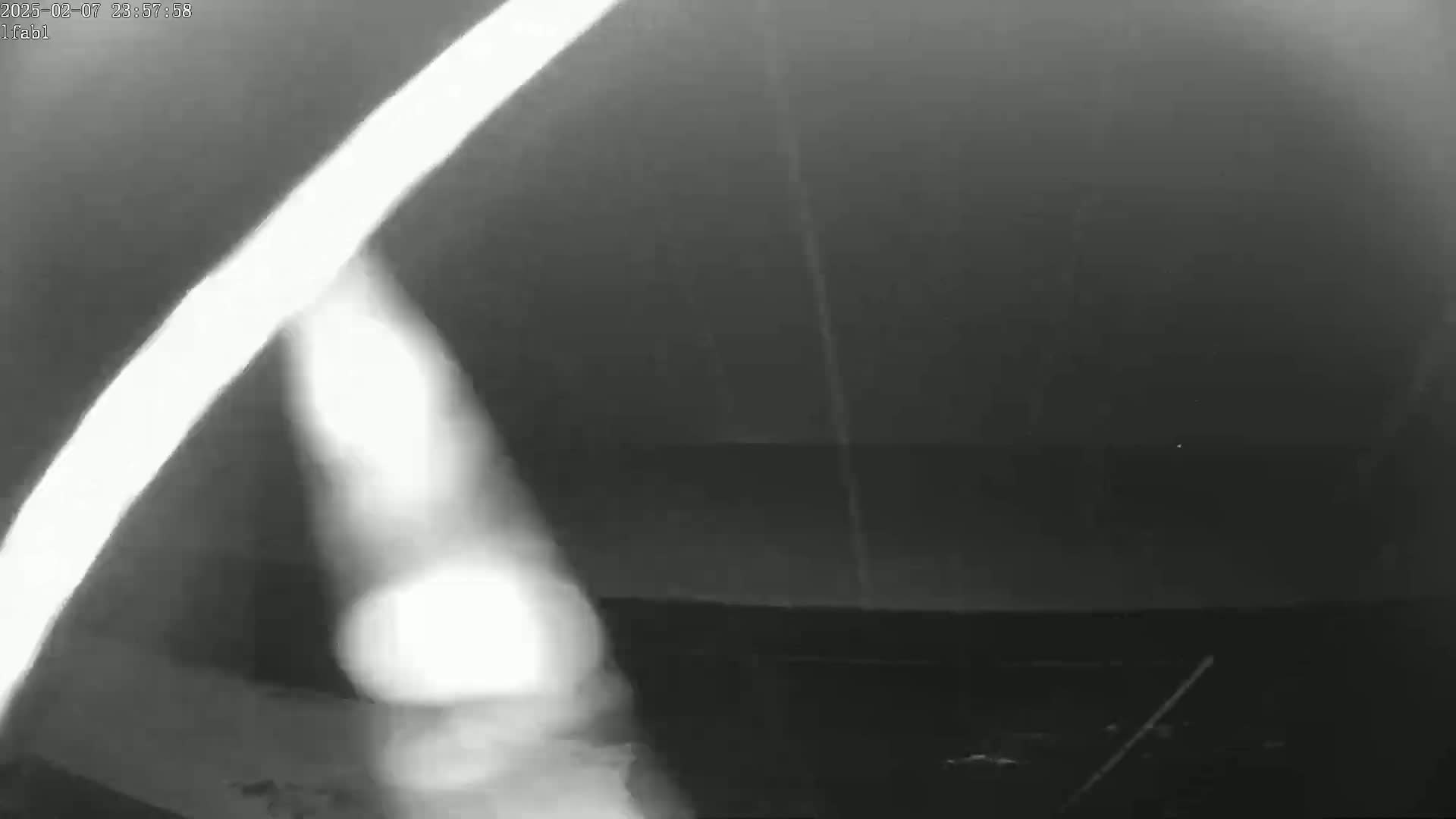 A blurry, grayscale image shows a bright, diagonal streak of light against a dark, possibly nighttime background.