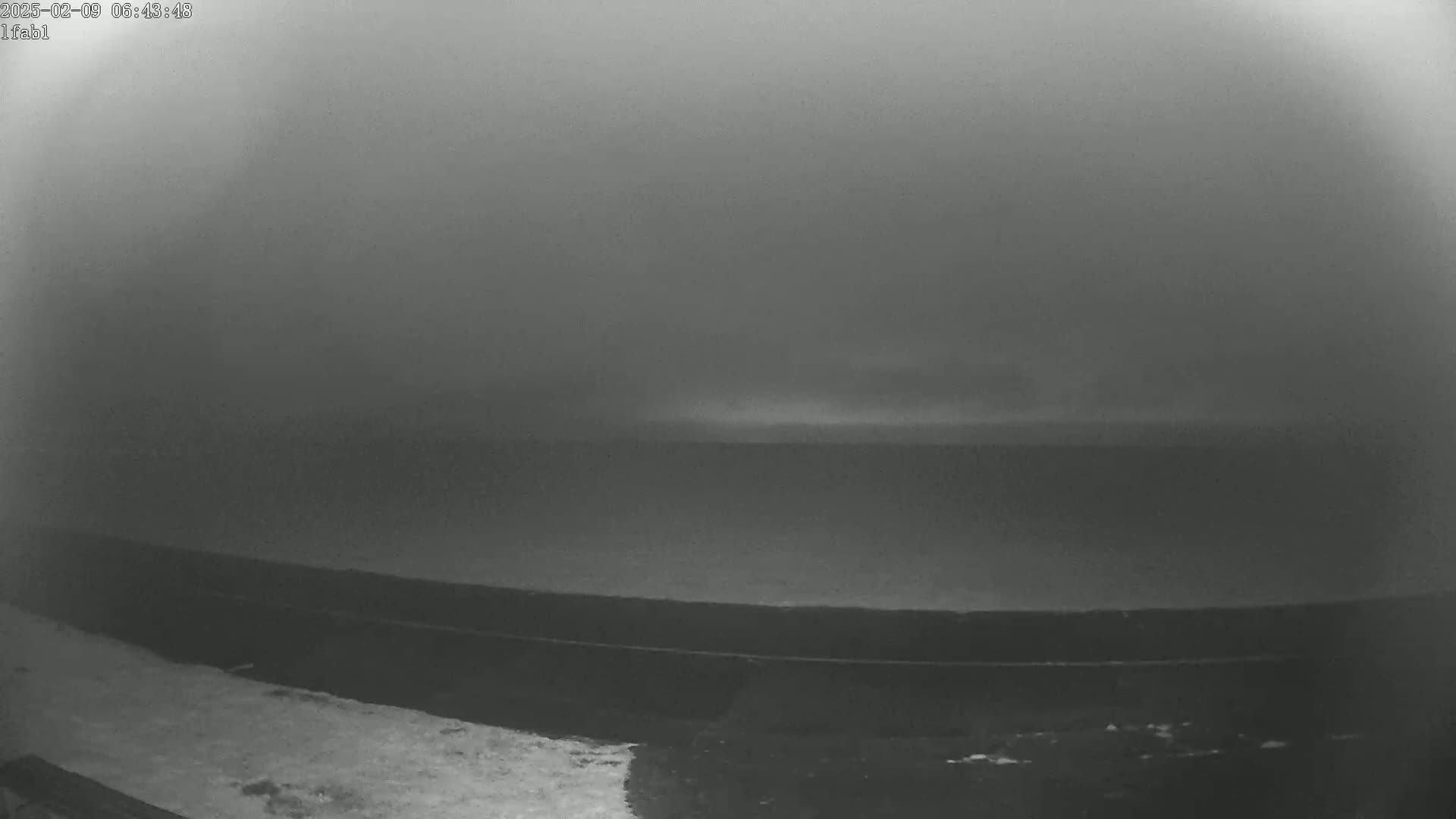 A foggy, dark gray landscape is visible, showing a road and a bit of snow in the lower left corner.