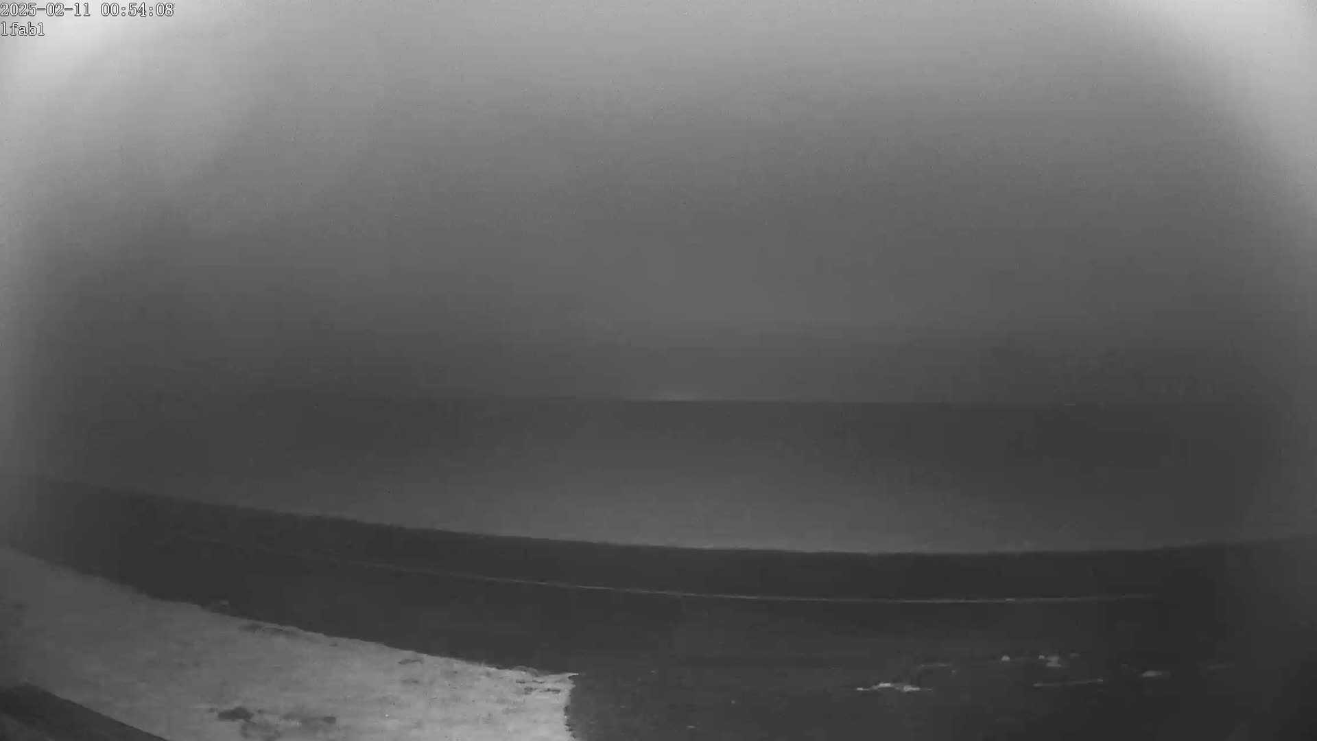 A low-visibility, foggy scene shows a dark body of water meeting a dark shoreline.