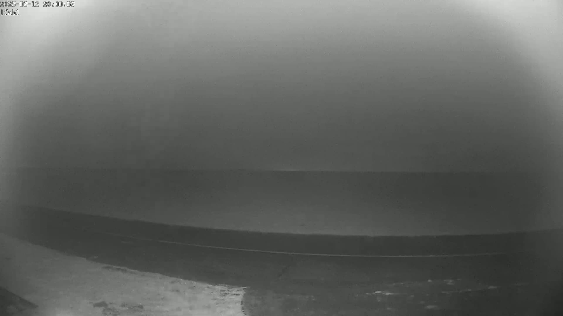 A low-visibility, foggy scene shows a dark road and a flat expanse of land, possibly a field or body of water.