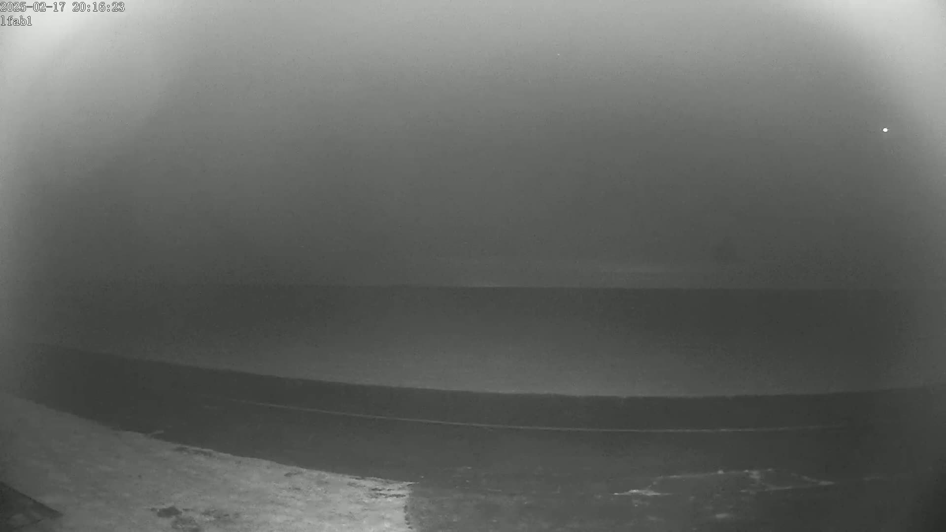 A dark, foggy landscape is visible at night, with a faint light in the distance.