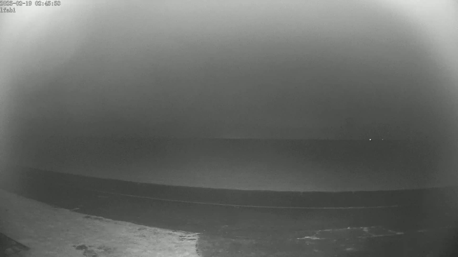A dark, foggy scene shows a body of water under a gray sky at night.