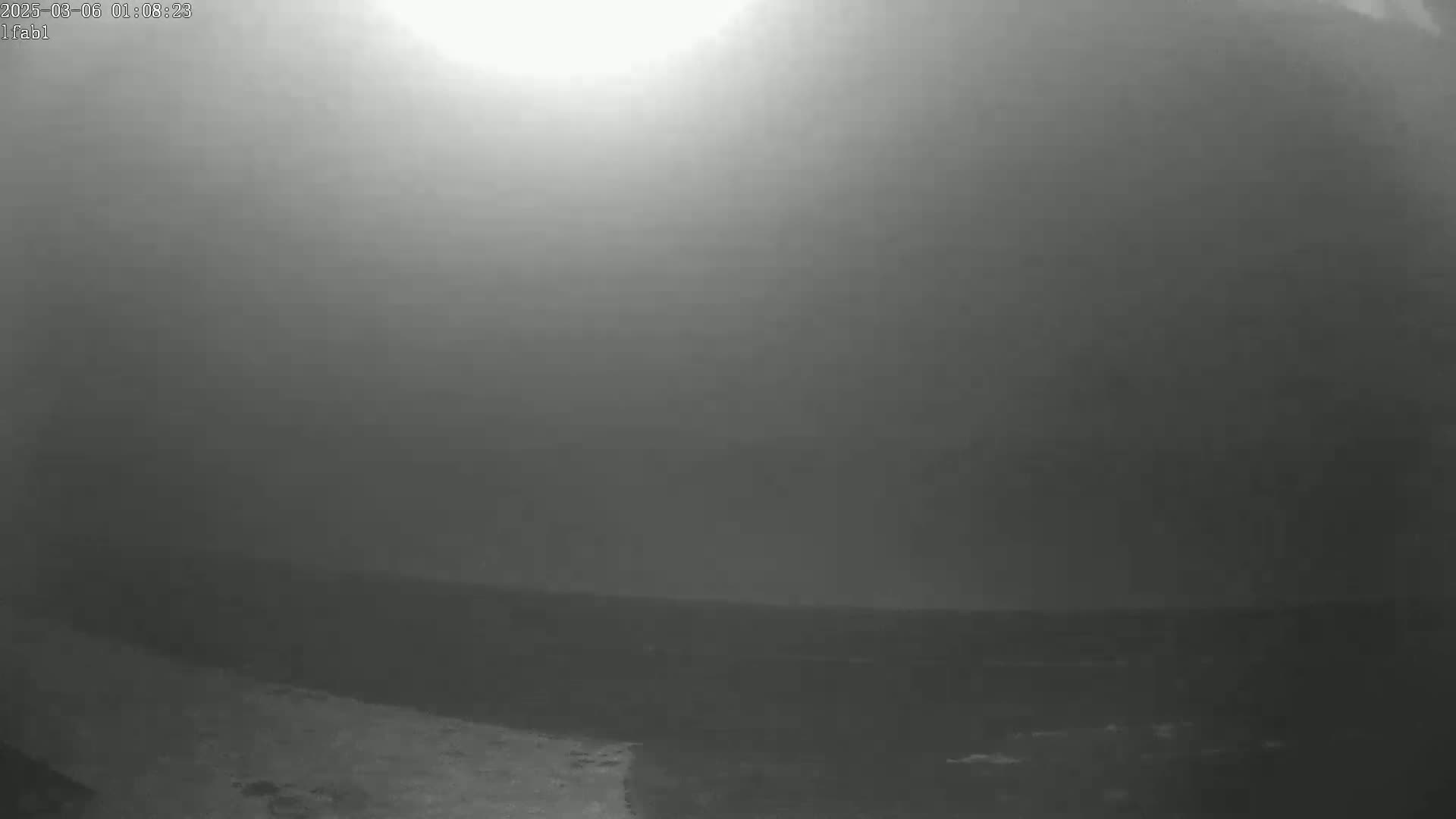 A grayscale image shows a hazy or foggy coastal scene at night, with a bright light source in the upper center.