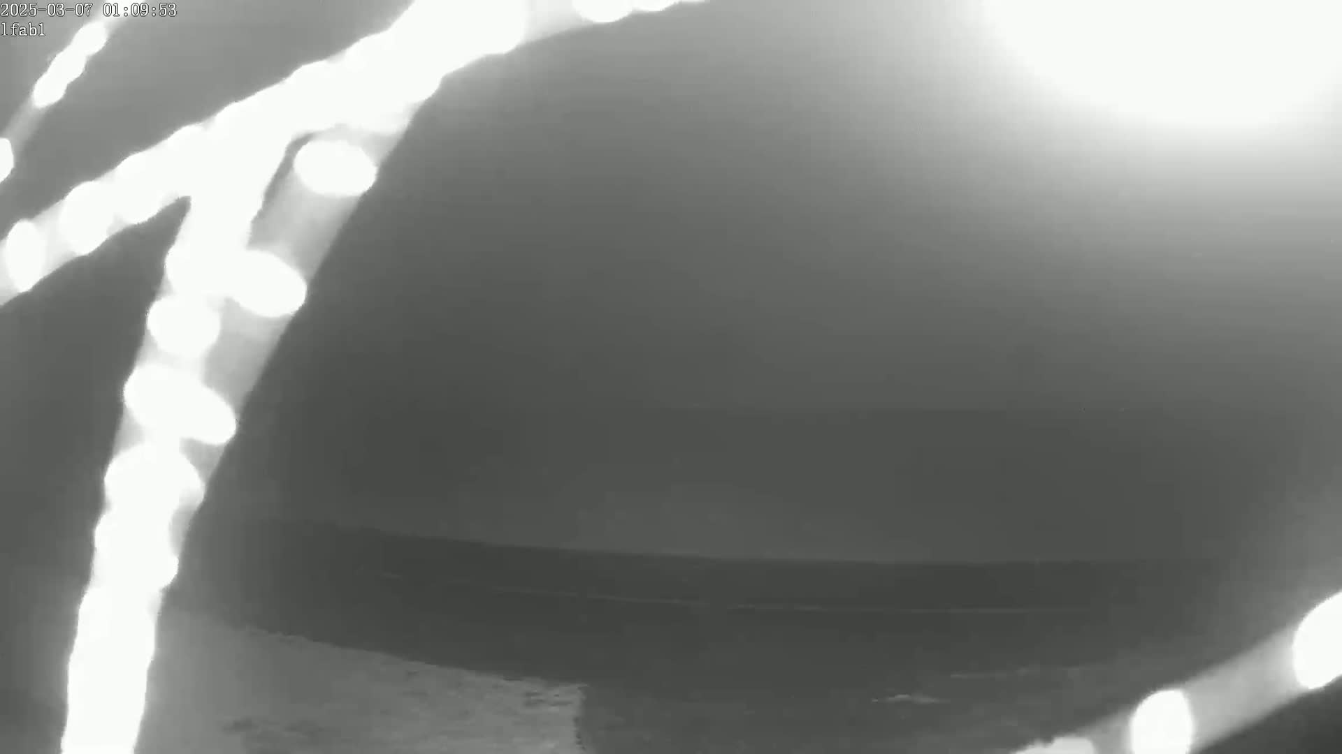 A blurry, grainy, black and white image shows a bright light source in the upper right corner, with bright streaks and spots of light curving towards the bottom left.