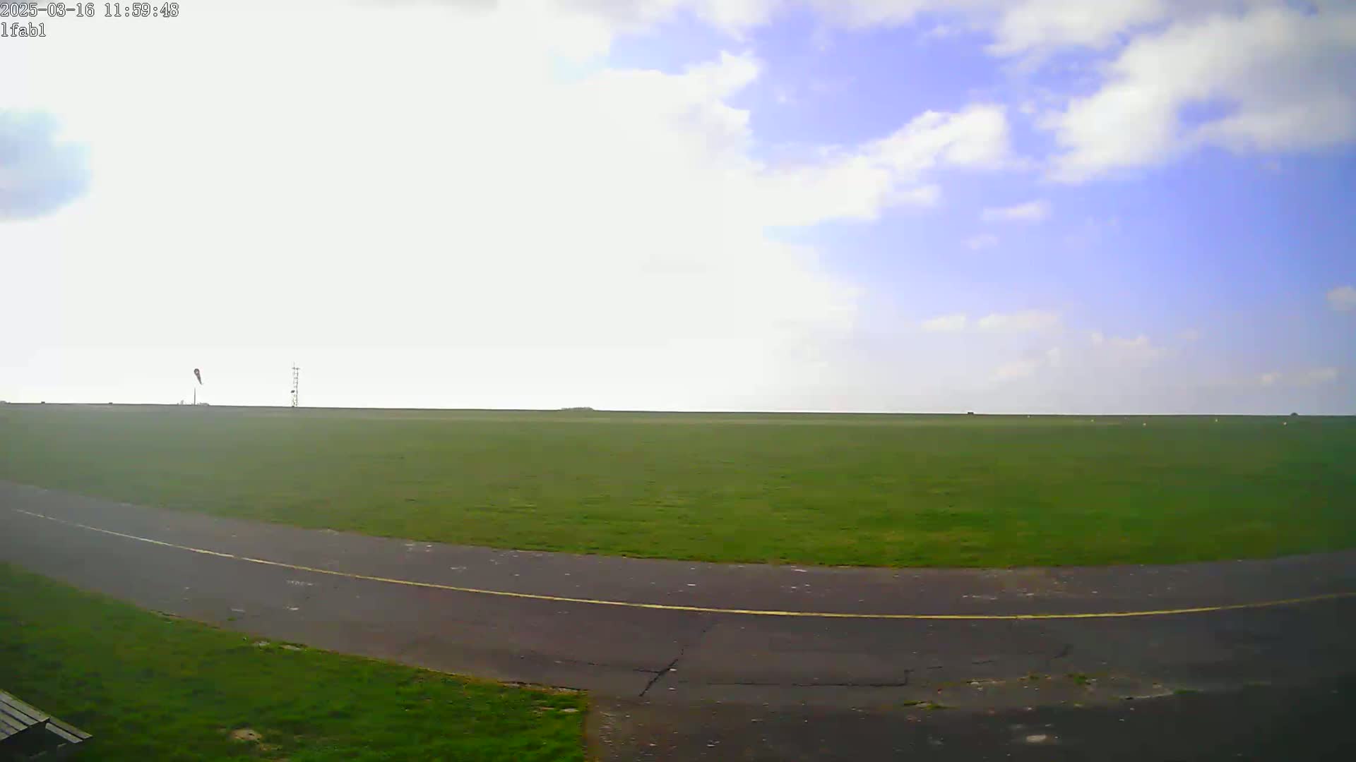 A mostly clear sky with some scattered clouds overlooks a large grassy field with a paved roadway curving through it.
