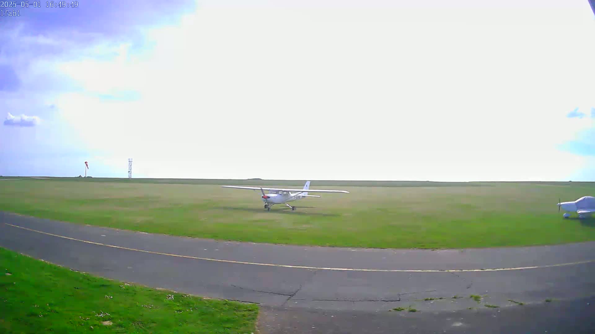 A small, white airplane sits on a grassy airfield under a partly cloudy sky.