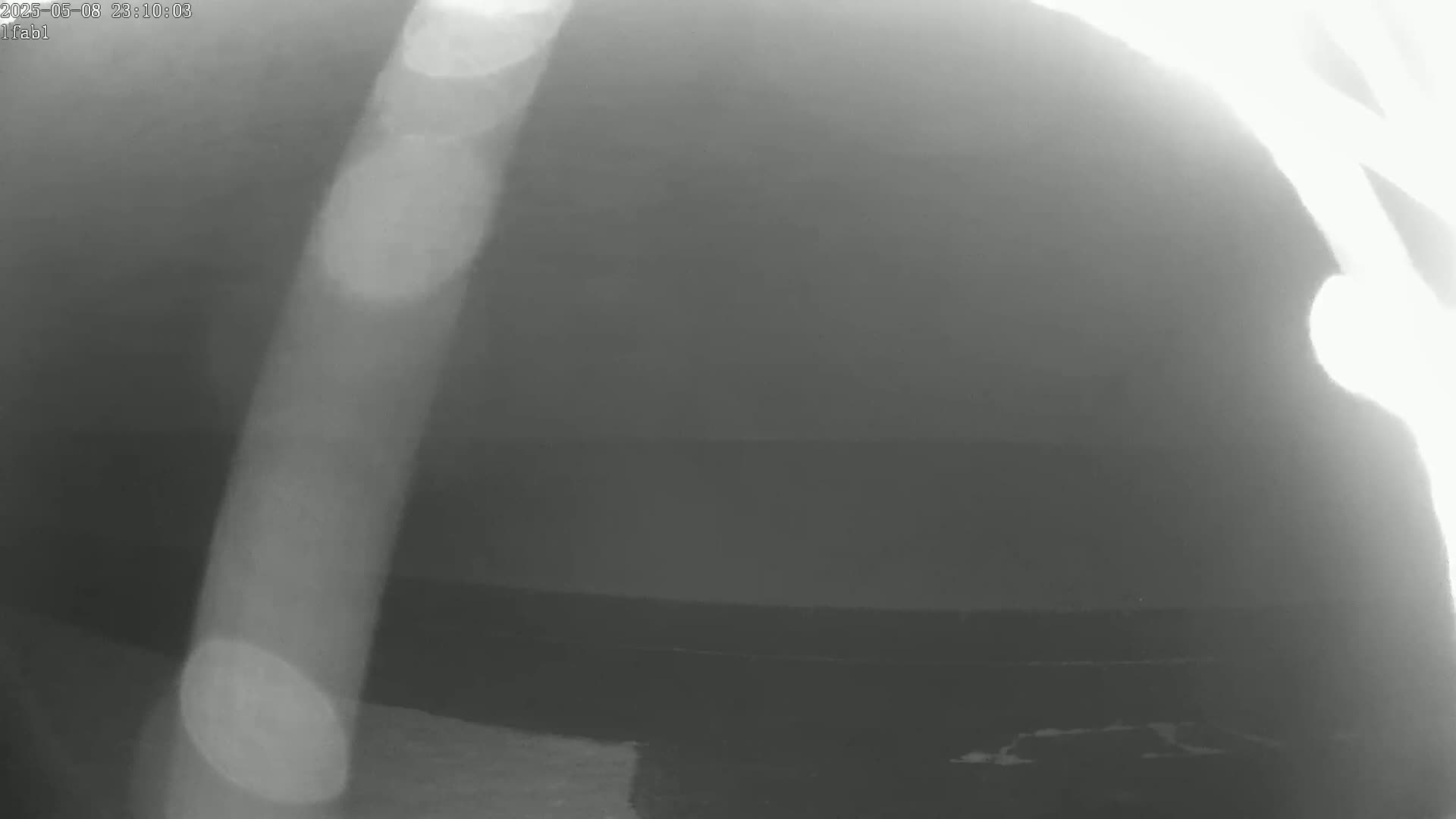 A blurry, grayscale image shows a dark, possibly nighttime scene with bright, out-of-focus lights along a vertical line in the foreground.