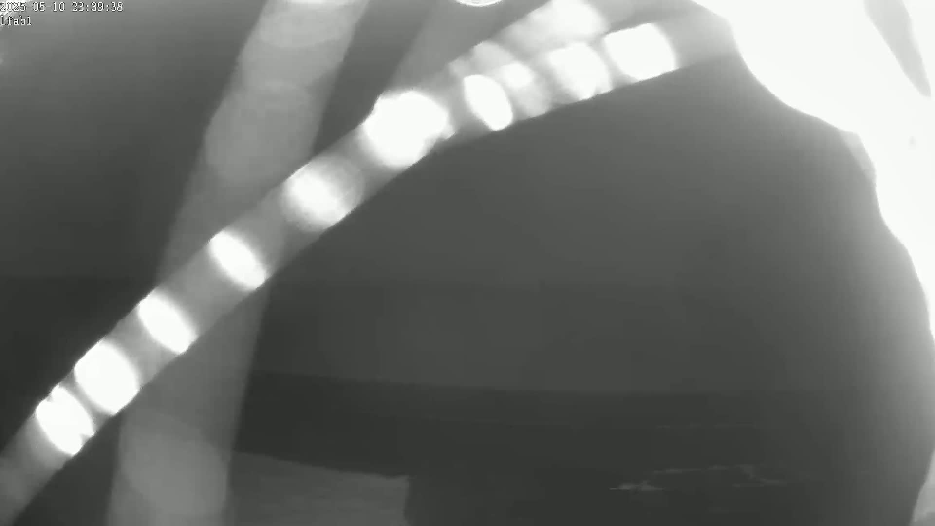A blurry, grayscale image shows bright streaks of light against a dark, indistinct background.