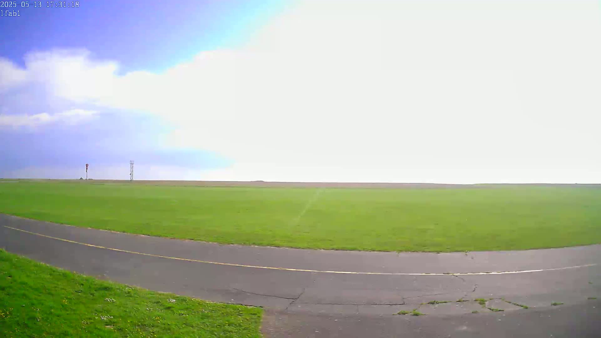 A paved road curves through a grassy field under a partly cloudy sky.