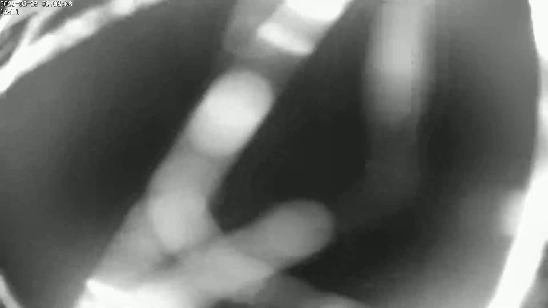 A blurry, grayscale image shows indistinct shapes and light sources, possibly inside a dark enclosed space.