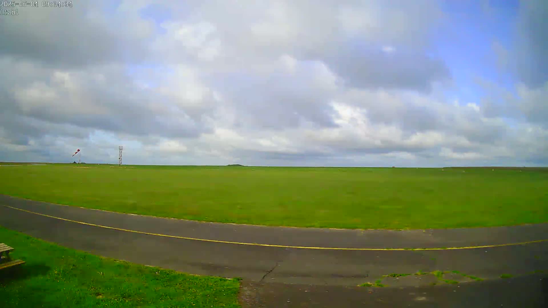A mostly cloudy sky overlooks a large grassy field with a paved road and a windsock in the distance.
