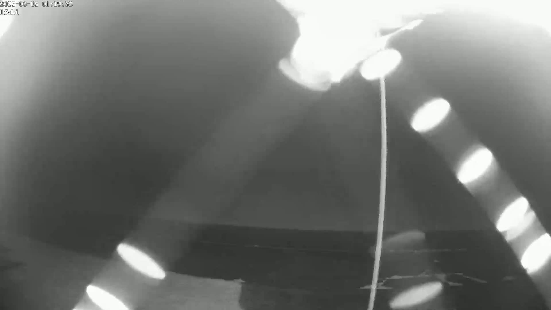 A blurry, nighttime grayscale image shows bright lights reflecting off a body of water.