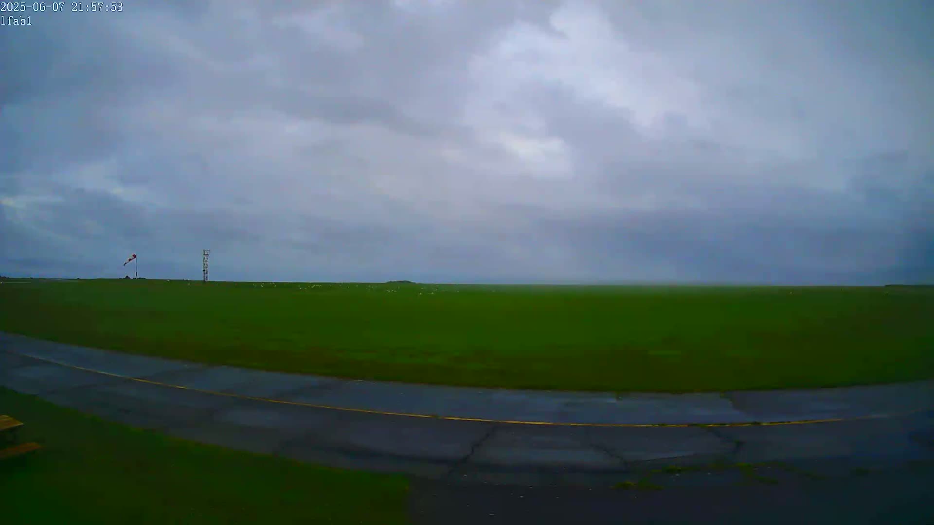A wet, grassy airfield under an overcast sky shows a curved roadway and a windsock.