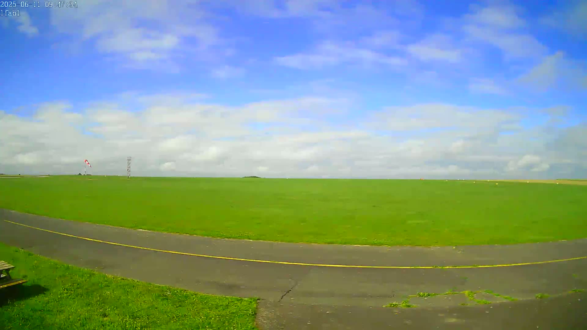 A mostly sunny day with scattered clouds overlooks a large, grassy field with a paved road curving through it.