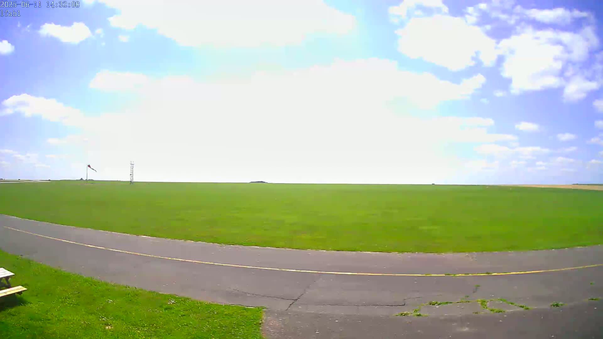A paved path curves through a grassy airfield under a mostly sunny sky with scattered clouds.