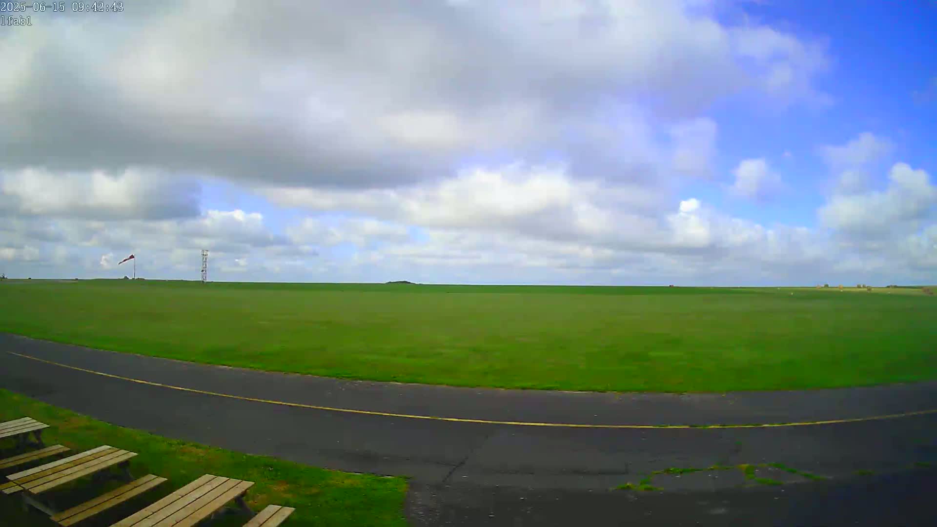 A mostly sunny day with scattered clouds over a large, flat green field with a paved road curving through it and picnic tables in the bottom left corner.