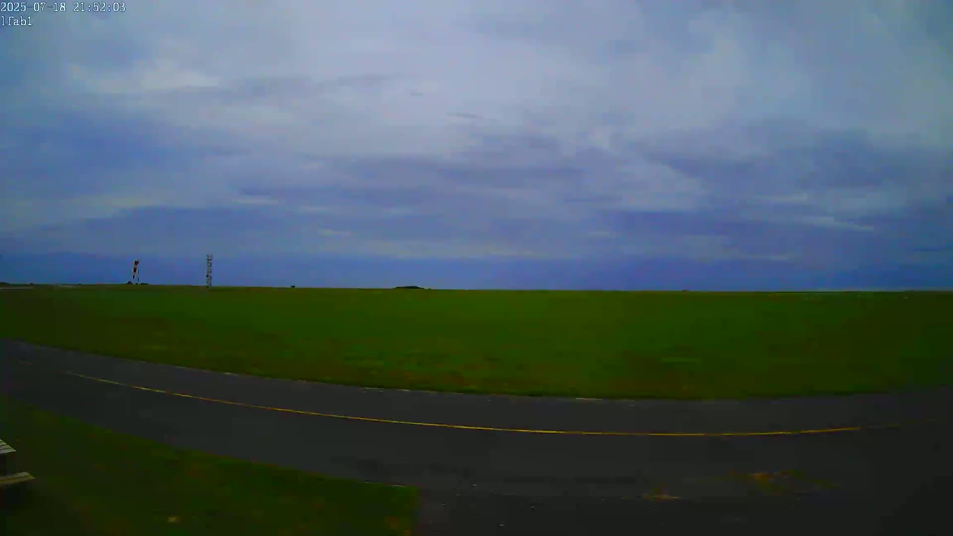 A flat, grassy field stretches to a horizon under a mostly cloudy sky.