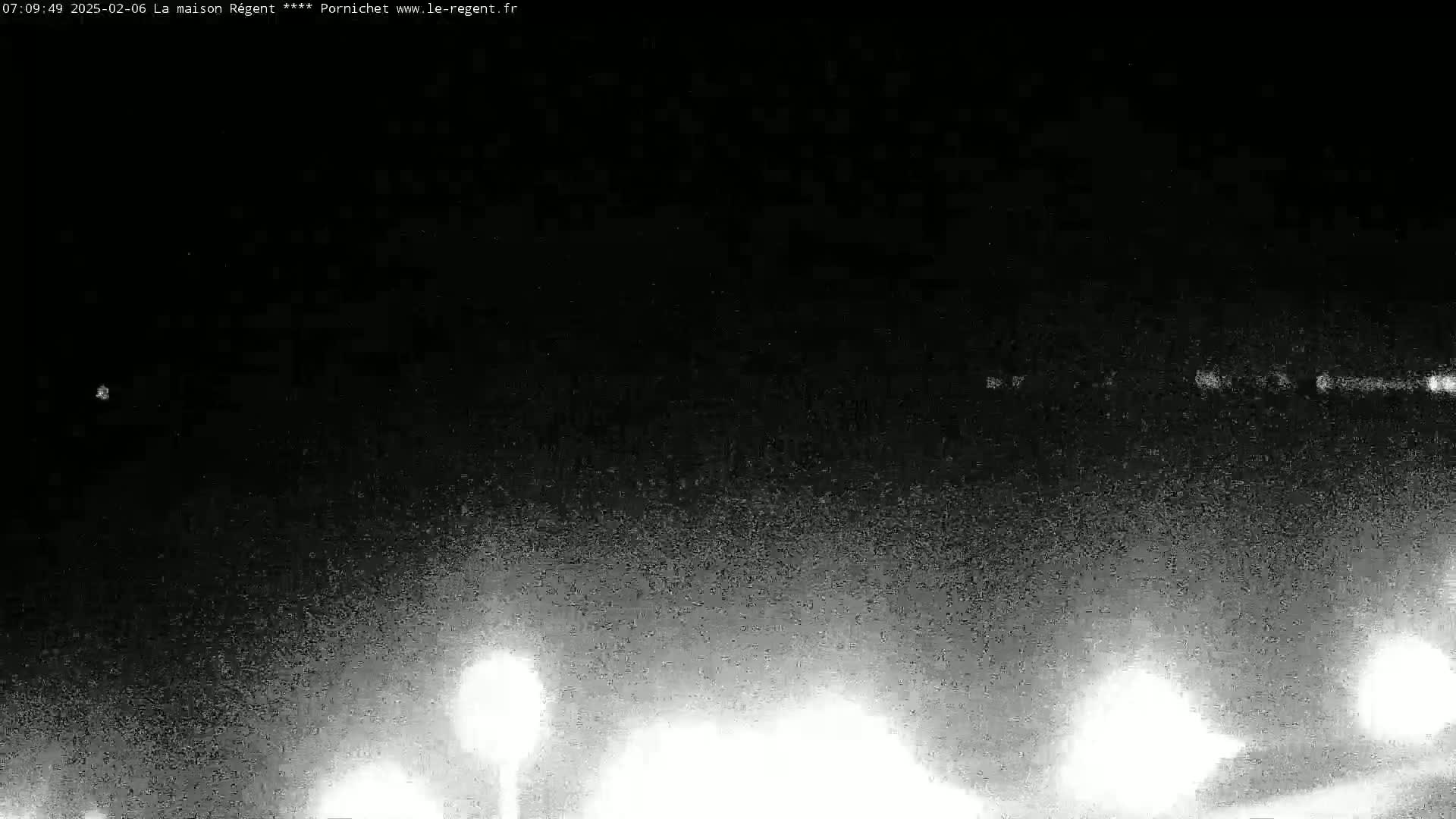 A nighttime, low-light image shows distant lights on the horizon, possibly from a road or town, under a dark, clear sky.