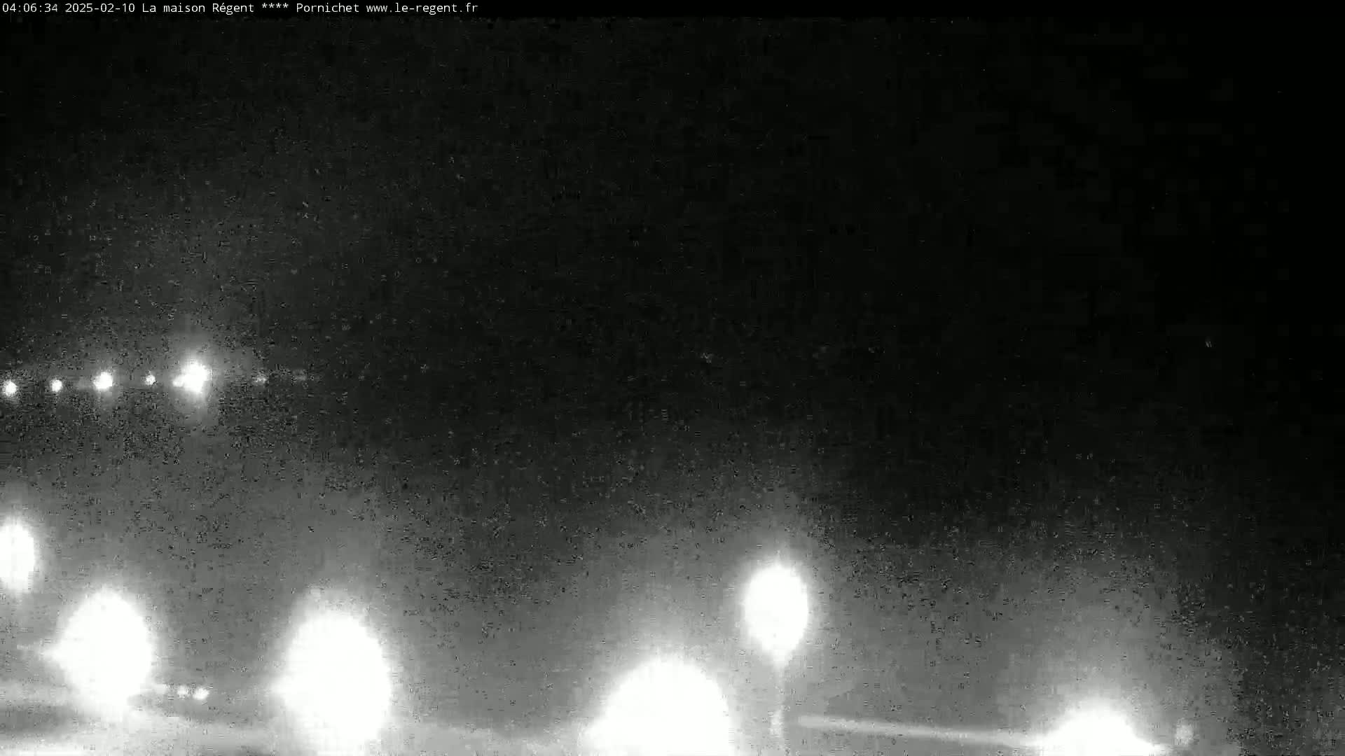 A nighttime, blurry view of a road with vehicle headlights and streetlights visible in snowy or foggy conditions.