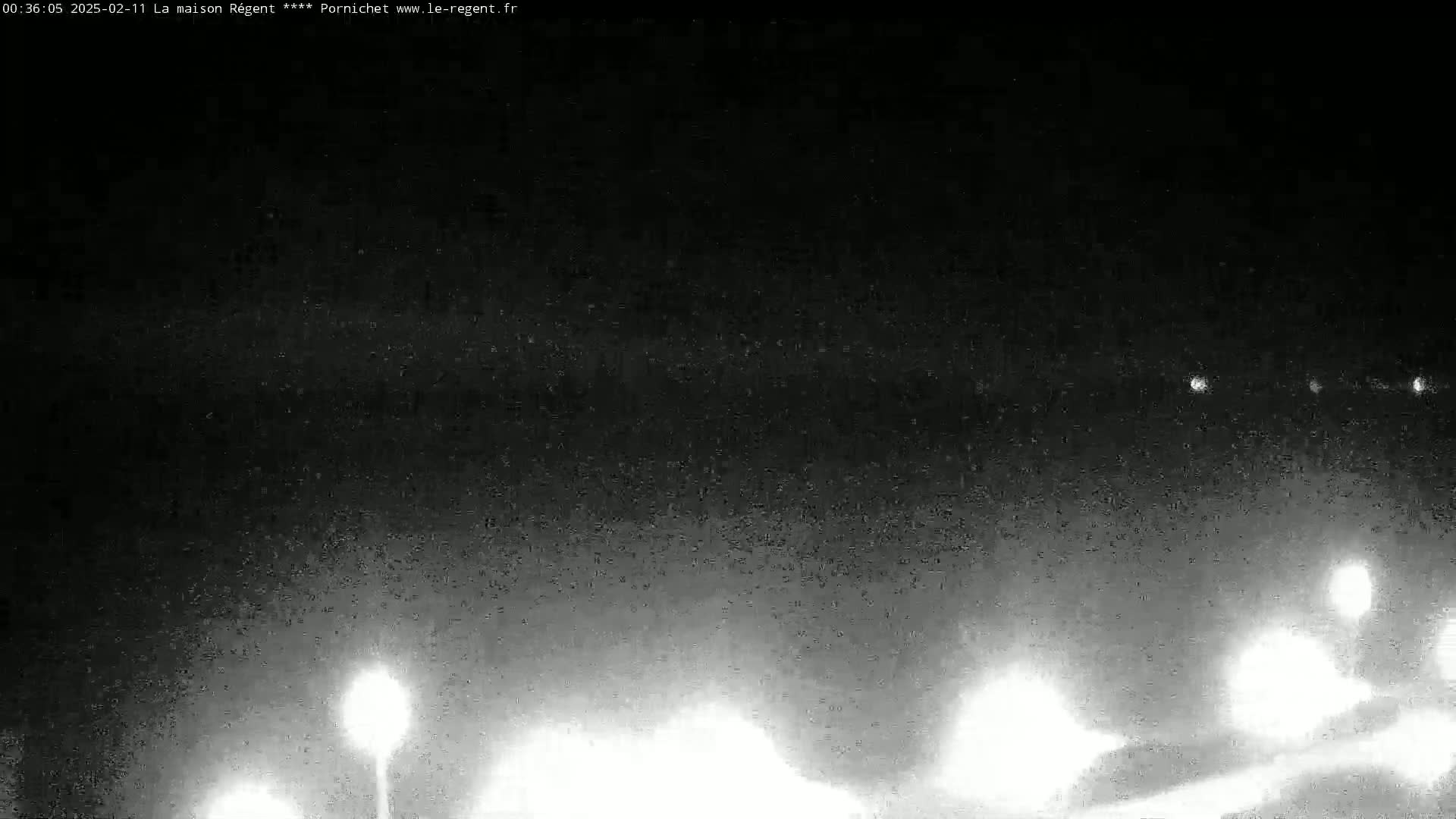 A nighttime, grainy image shows several bright lights in the distance and a few closer, likely streetlights, under a dark sky.