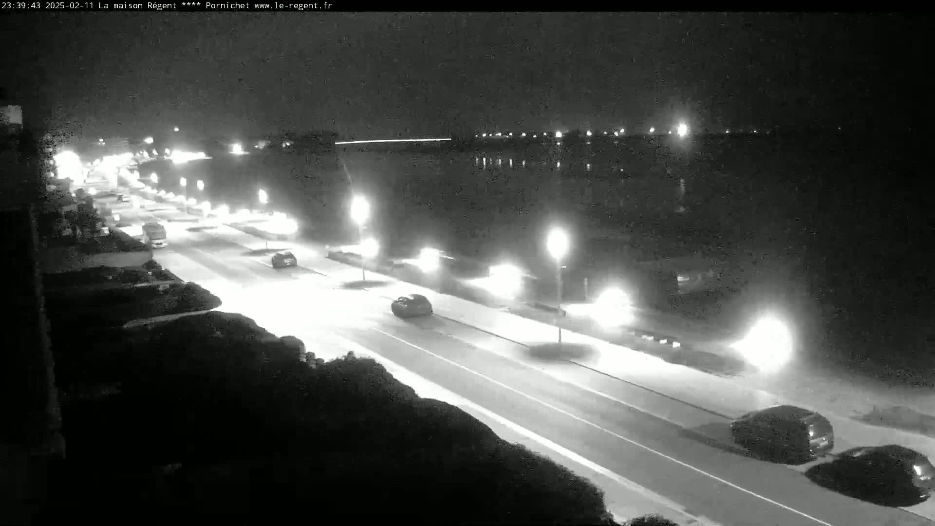 A nighttime view of a road with cars driving, streetlights illuminating the scene, and a body of water visible in the distance under a clear sky.