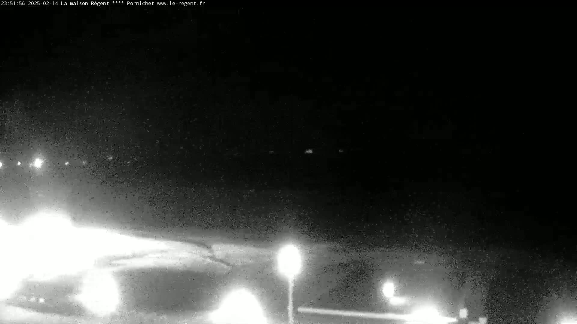 A nighttime, snowy scene shows a road with headlights from vehicles and streetlights illuminating the ground.