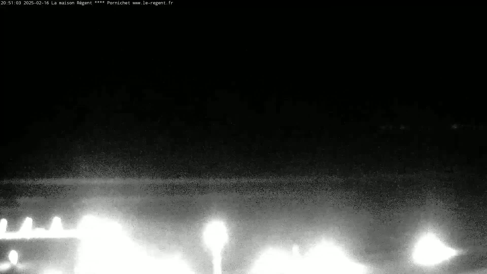 A nighttime, low-light view shows a blurry, grainy image of lights in the distance at ground level.