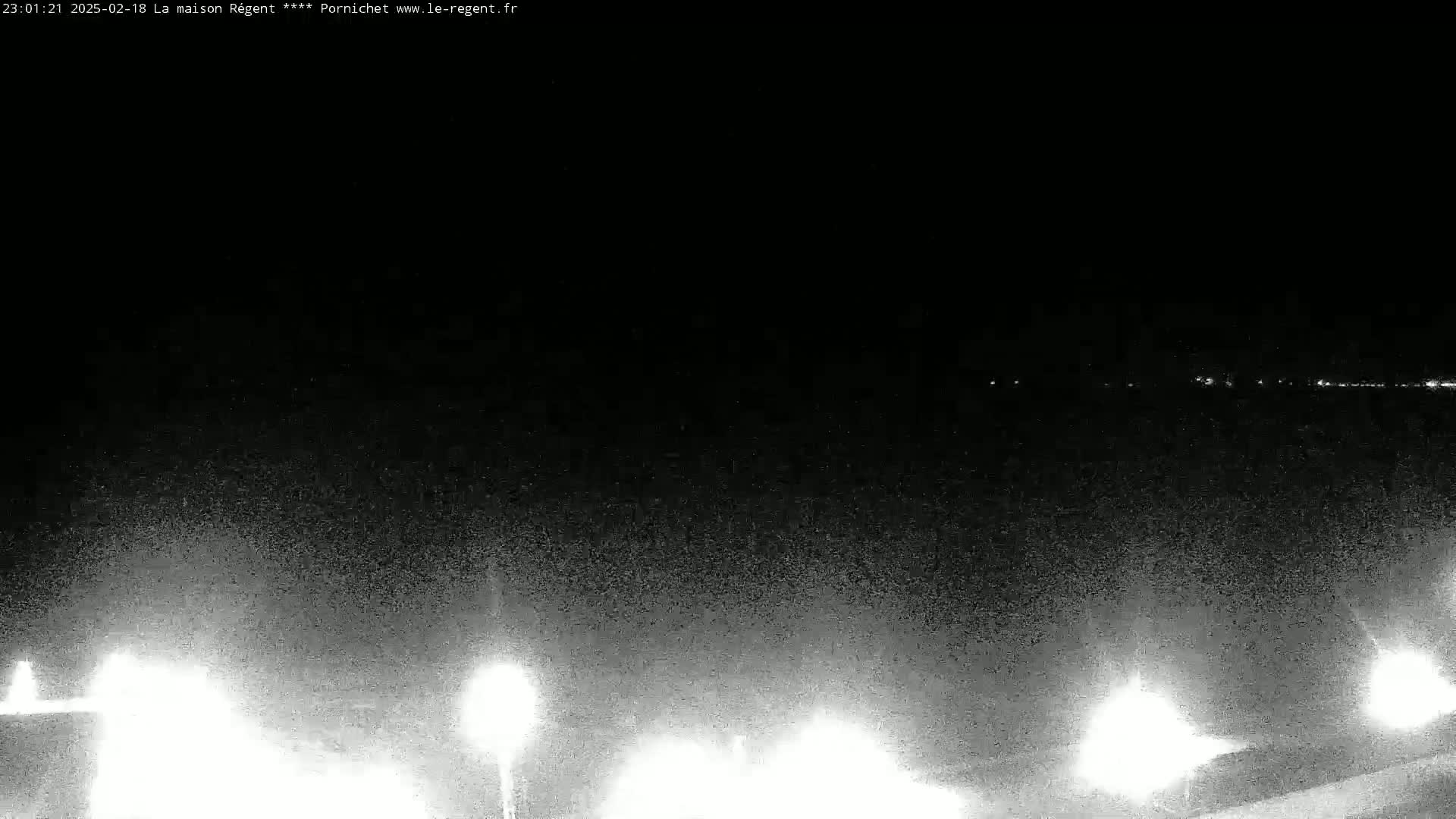 A nighttime, low-light view shows a distant horizon with faint lights, and closer, bright lights from what appear to be street lamps.