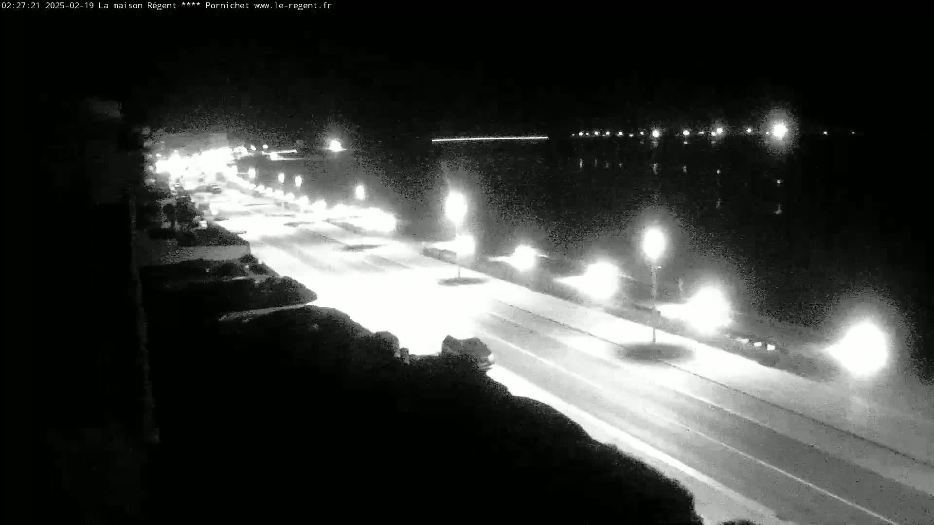 A nighttime, snowy scene shows a road with cars driving along a waterfront at night, illuminated by streetlights.