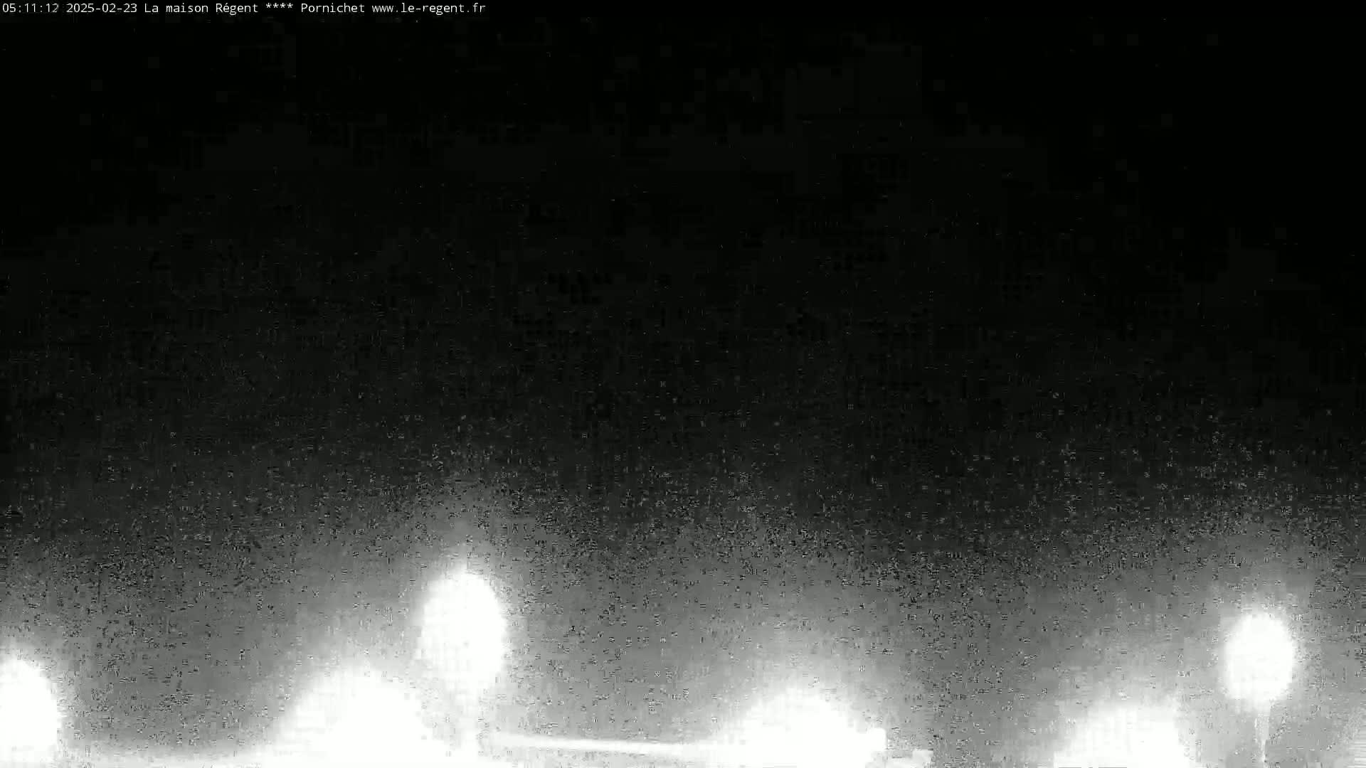 A nighttime, low-light image shows bright lights in the distance, possibly from vehicles, under a dark, cloudy sky.