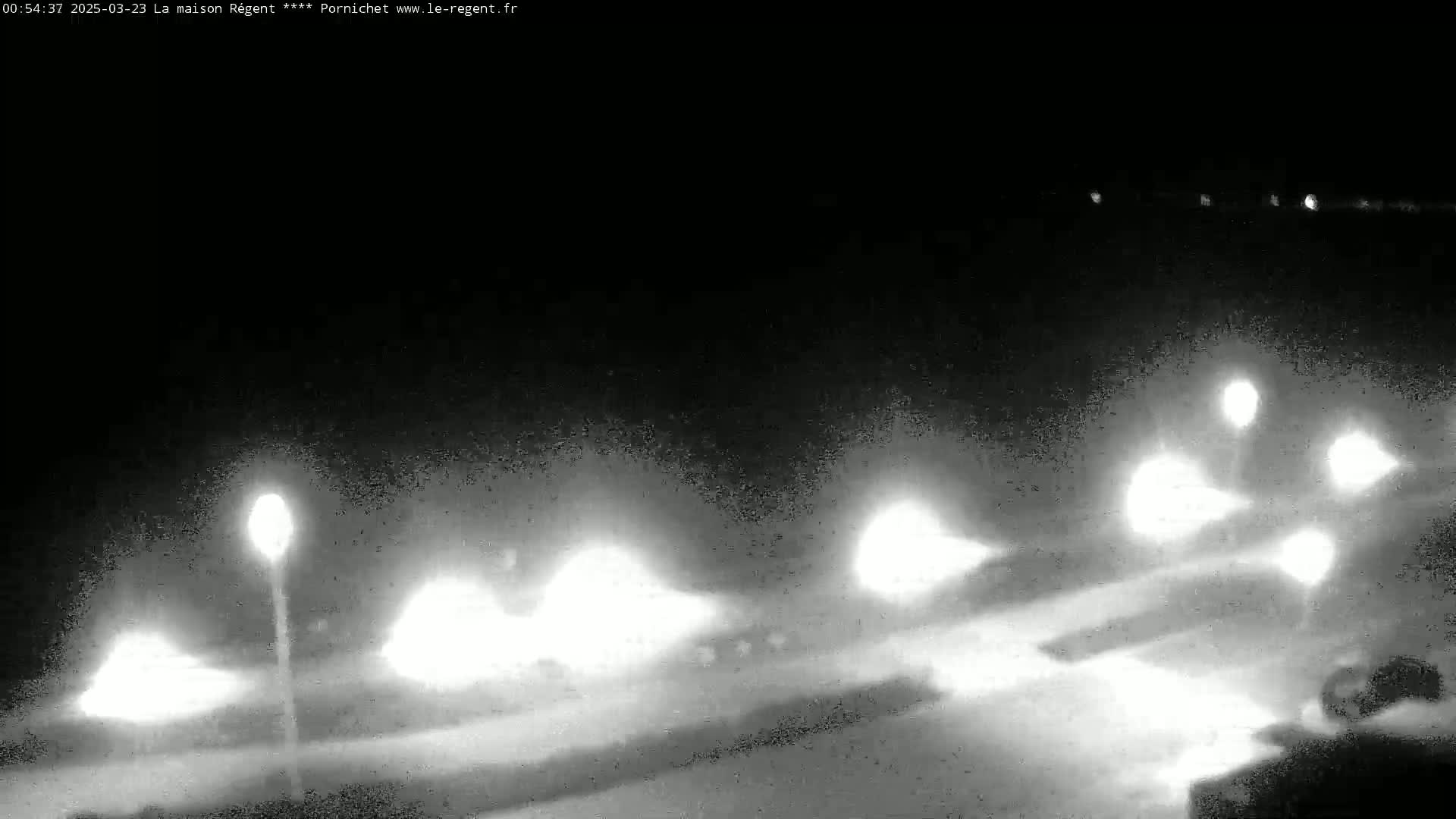 A nighttime, blurry view of a road with vehicle headlights and streetlights visible in the distance, possibly under snowy or hazy conditions.