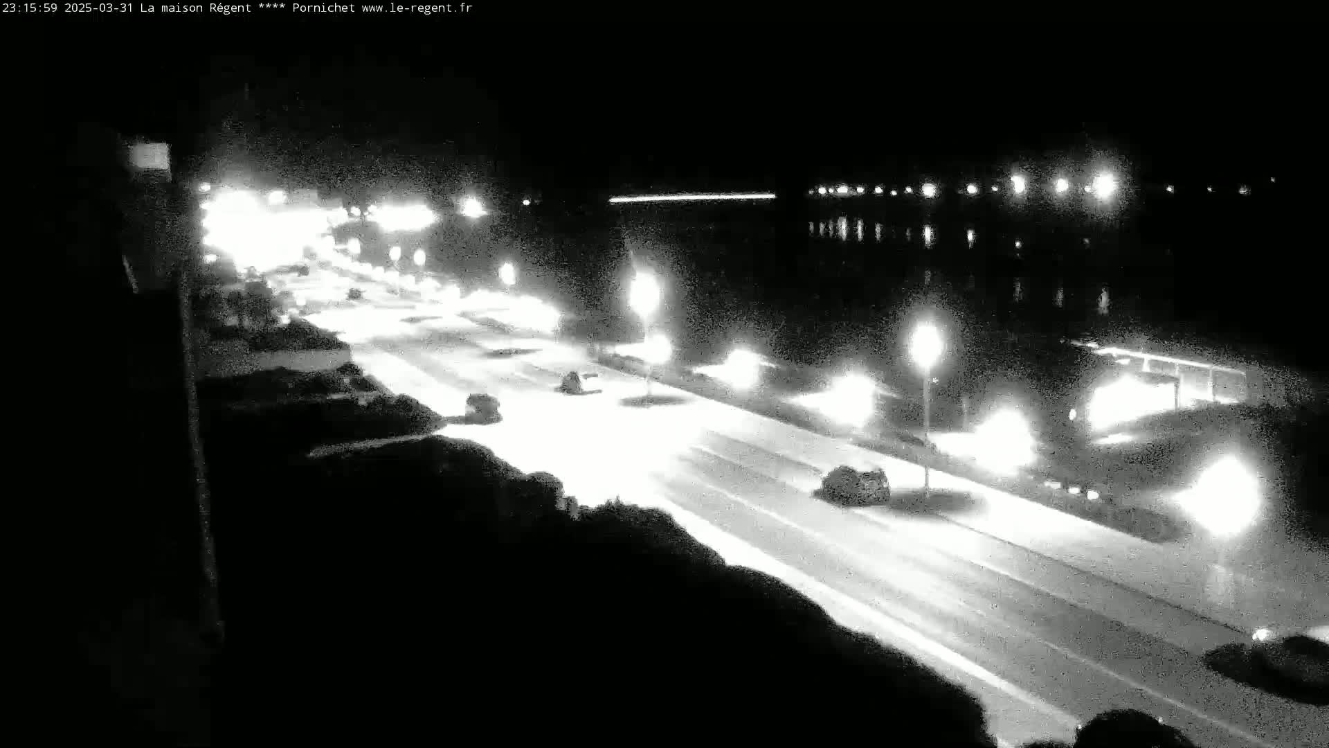 A nighttime view of a roadway with cars driving on it, next to a body of water under clear skies.