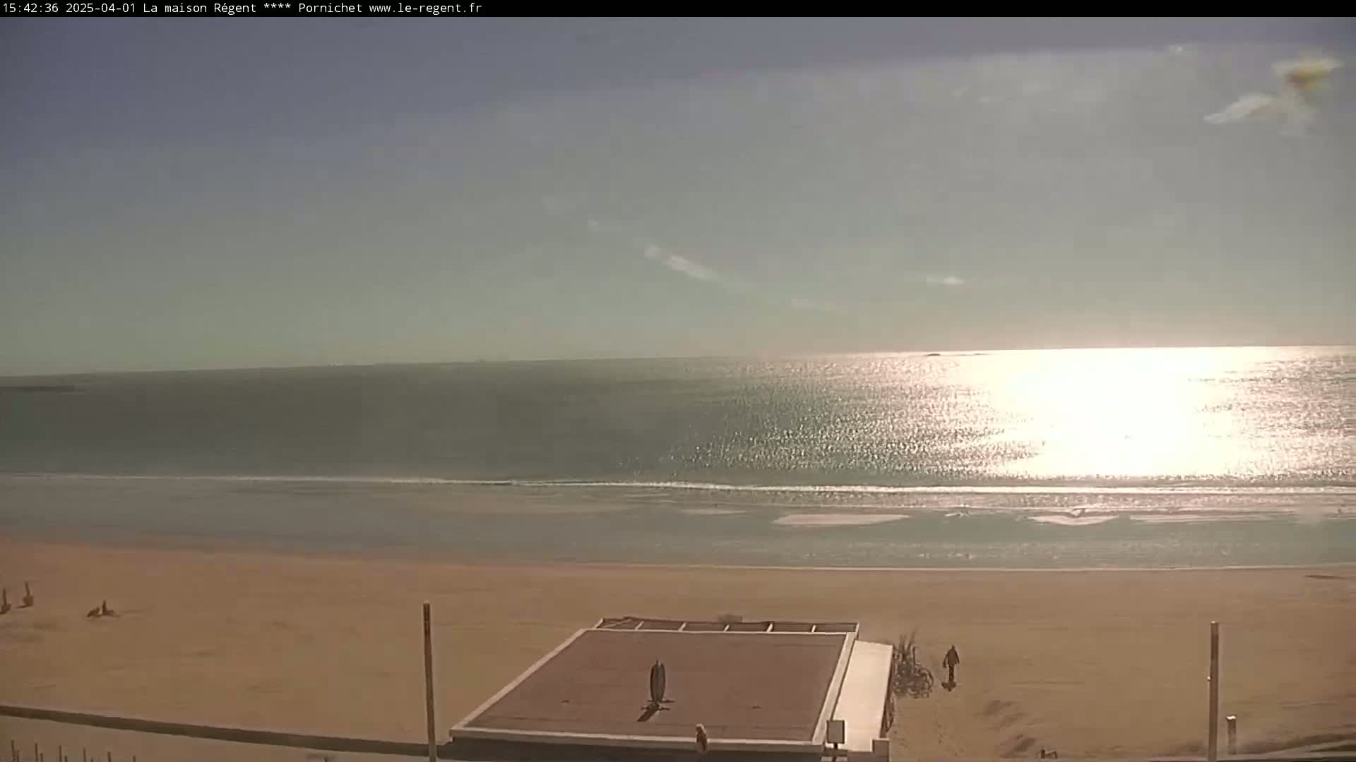 A mostly sunny day at a sandy beach shows a calm ocean reflecting sunlight, with a few people visible on the beach and near a flat-roofed structure.