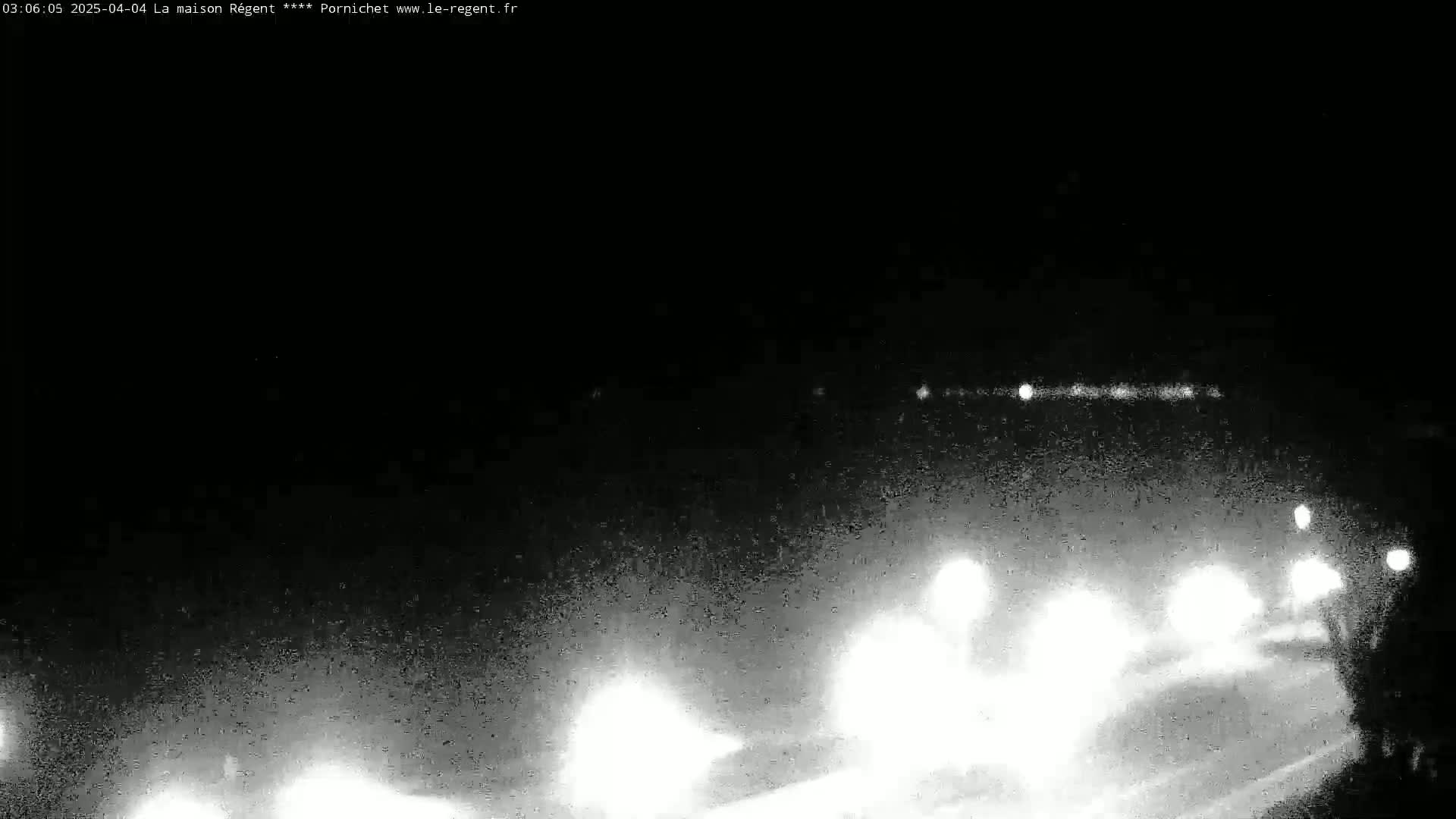 A nighttime, low-visibility scene shows blurry headlights of vehicles traveling on a road.