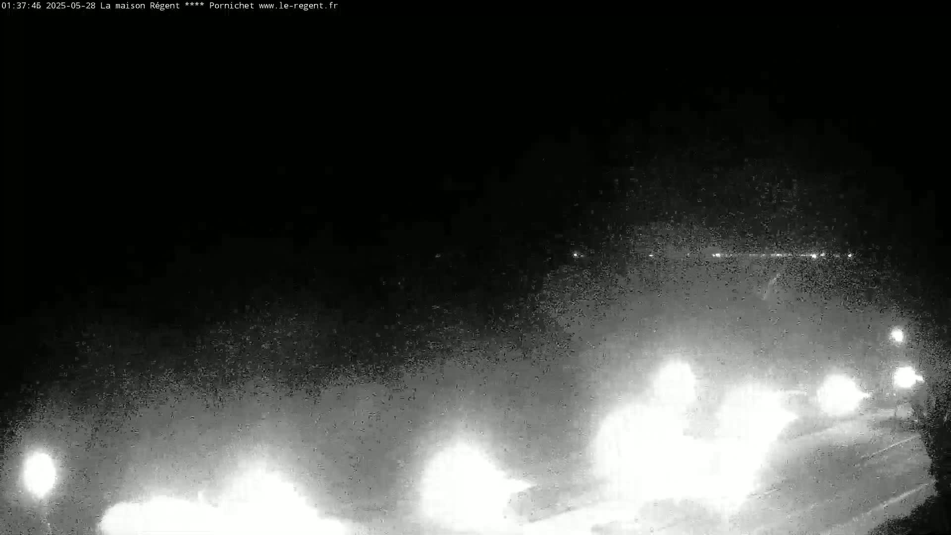 A nighttime, low-visibility scene shows headlights of vehicles on a road, possibly in snowy or foggy conditions.