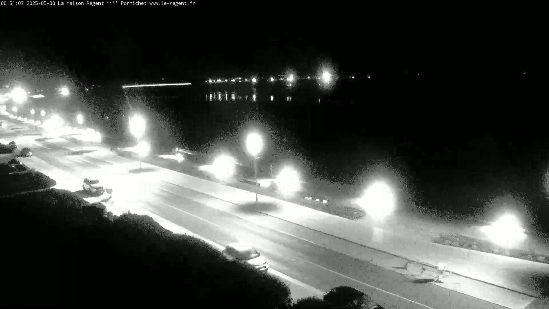 A nighttime, black and white view of a road next to a body of water, illuminated by streetlights, with several vehicles visible on the road.