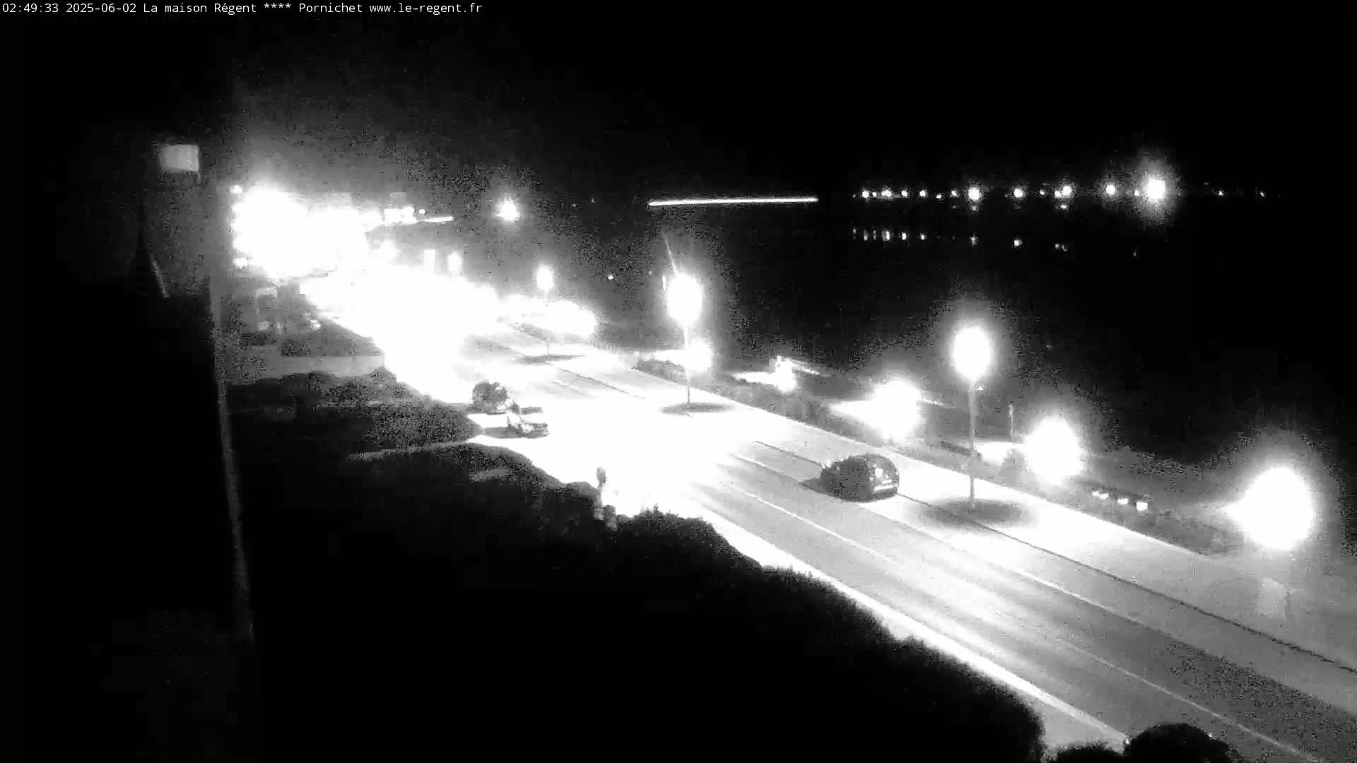 A nighttime, black and white view of a road with cars driving on it, lit by streetlights, next to a body of water.