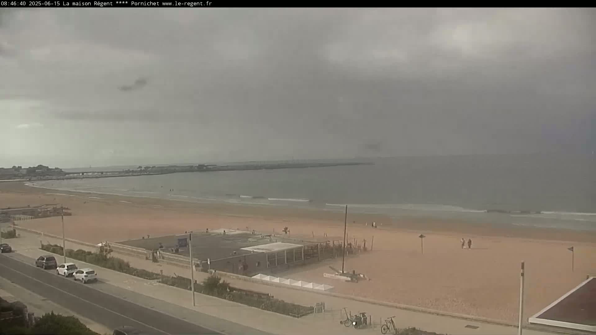 A sandy beach with a few people on it stretches along a calm, overcast ocean under a gray sky.
