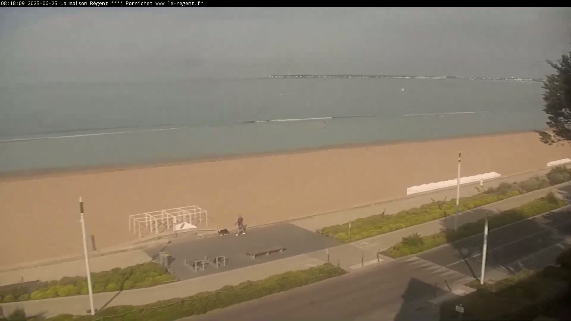 A hazy, sunny day shows a wide sandy beach, a person walking two dogs near a paved area with outdoor exercise equipment, and a road separating the beach from a grassy area.