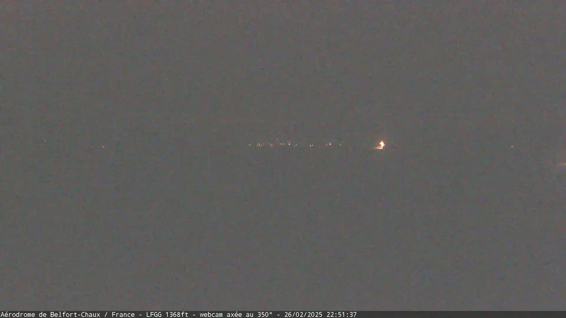 A dark, nighttime scene shows a distant line of faint lights on the horizon under a dark, overcast sky.