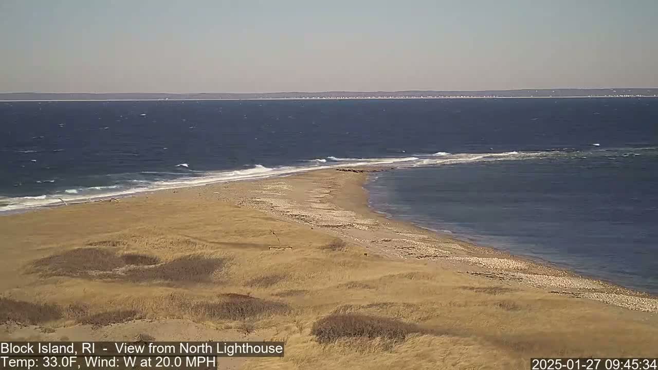 A sandy beach and grassy dunes meet a dark blue ocean with small waves under a clear sky.