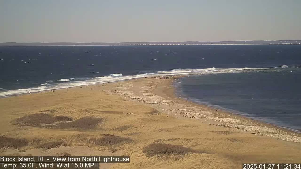 A sandy beach and grassy dunes curve into a windy ocean with small waves under a clear sky.