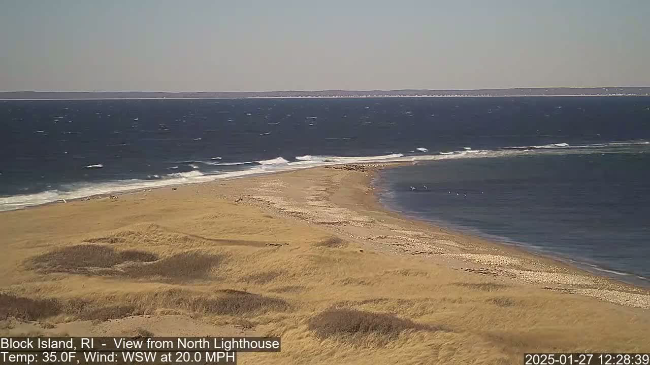 A sandy, dune-covered shoreline curves into a windy, choppy ocean under a clear sky.