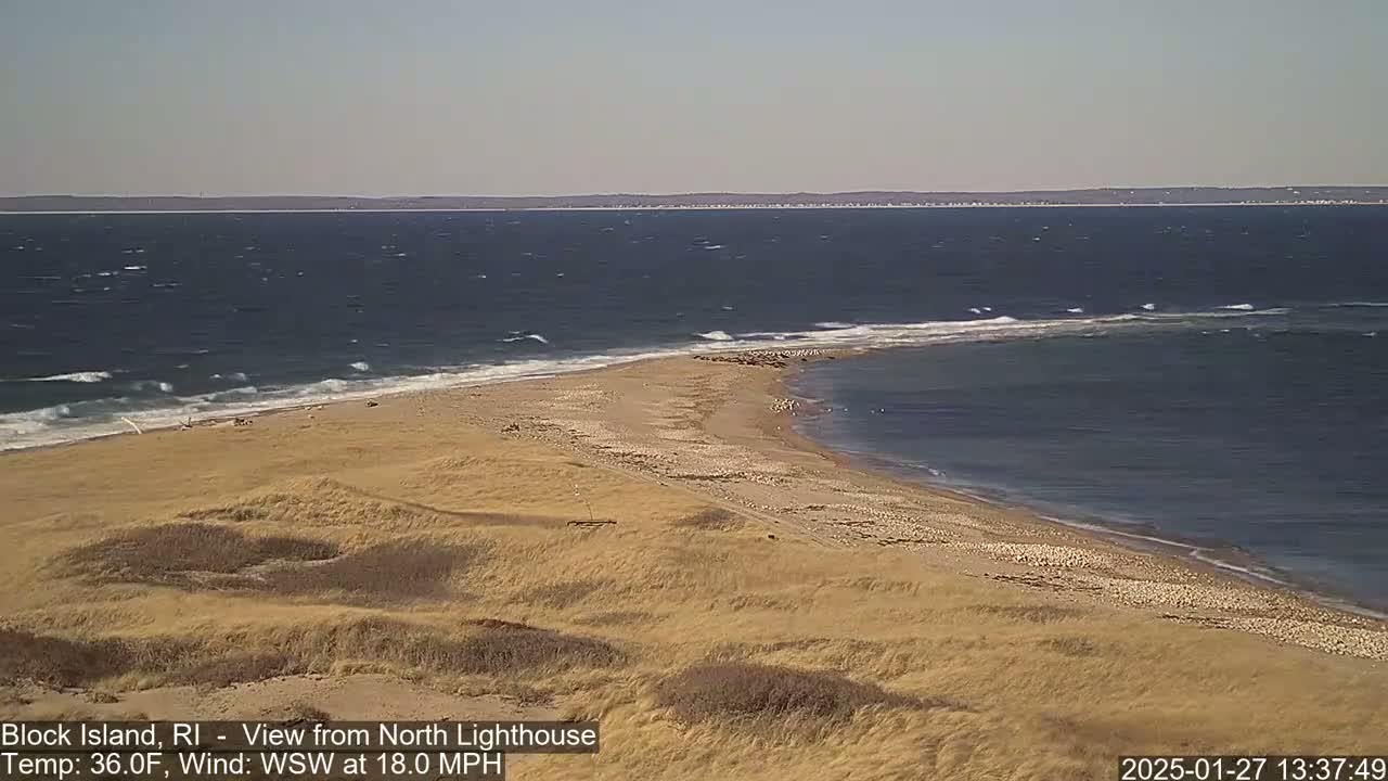 A sandy beach and dunes are shown, with a body of water visible in the background, under windy, 36°F weather conditions.